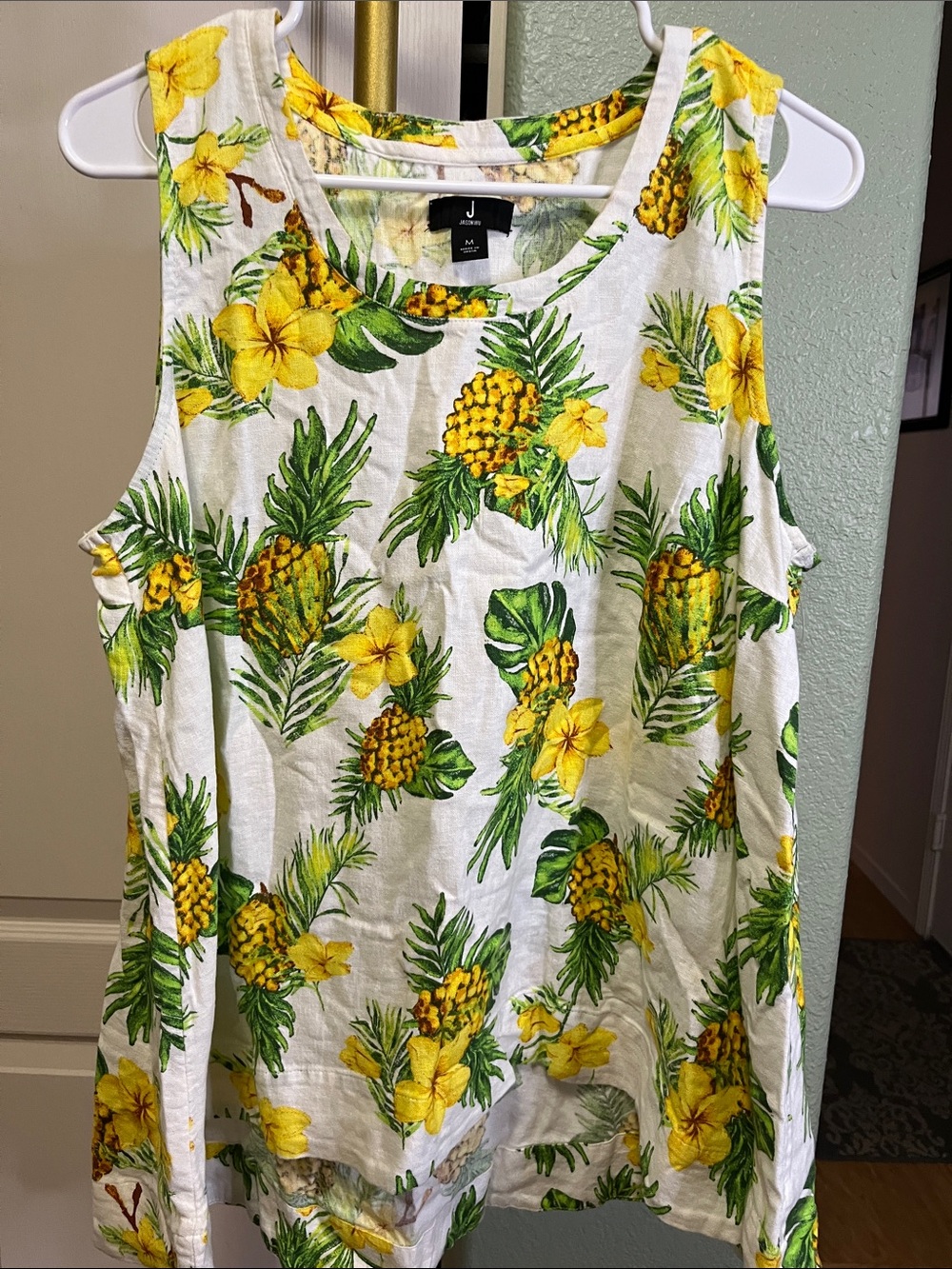Jason Wu White Tropical Pineapple Linen Hi Lo Hem Tank Sz M
